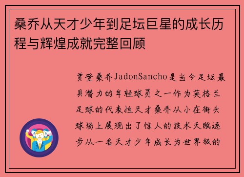 桑乔从天才少年到足坛巨星的成长历程与辉煌成就完整回顾