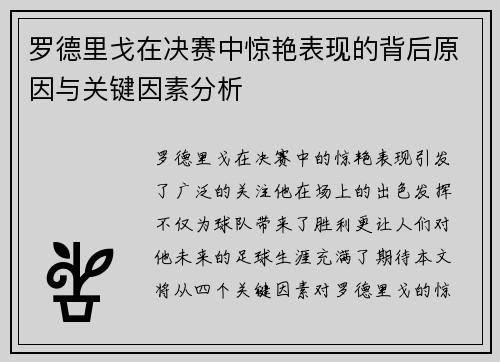 罗德里戈在决赛中惊艳表现的背后原因与关键因素分析