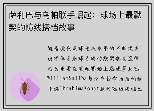 萨利巴与乌帕联手崛起：球场上最默契的防线搭档故事